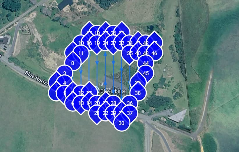 North-to-south oblique drone mission with numbered waypoints around the property boundary