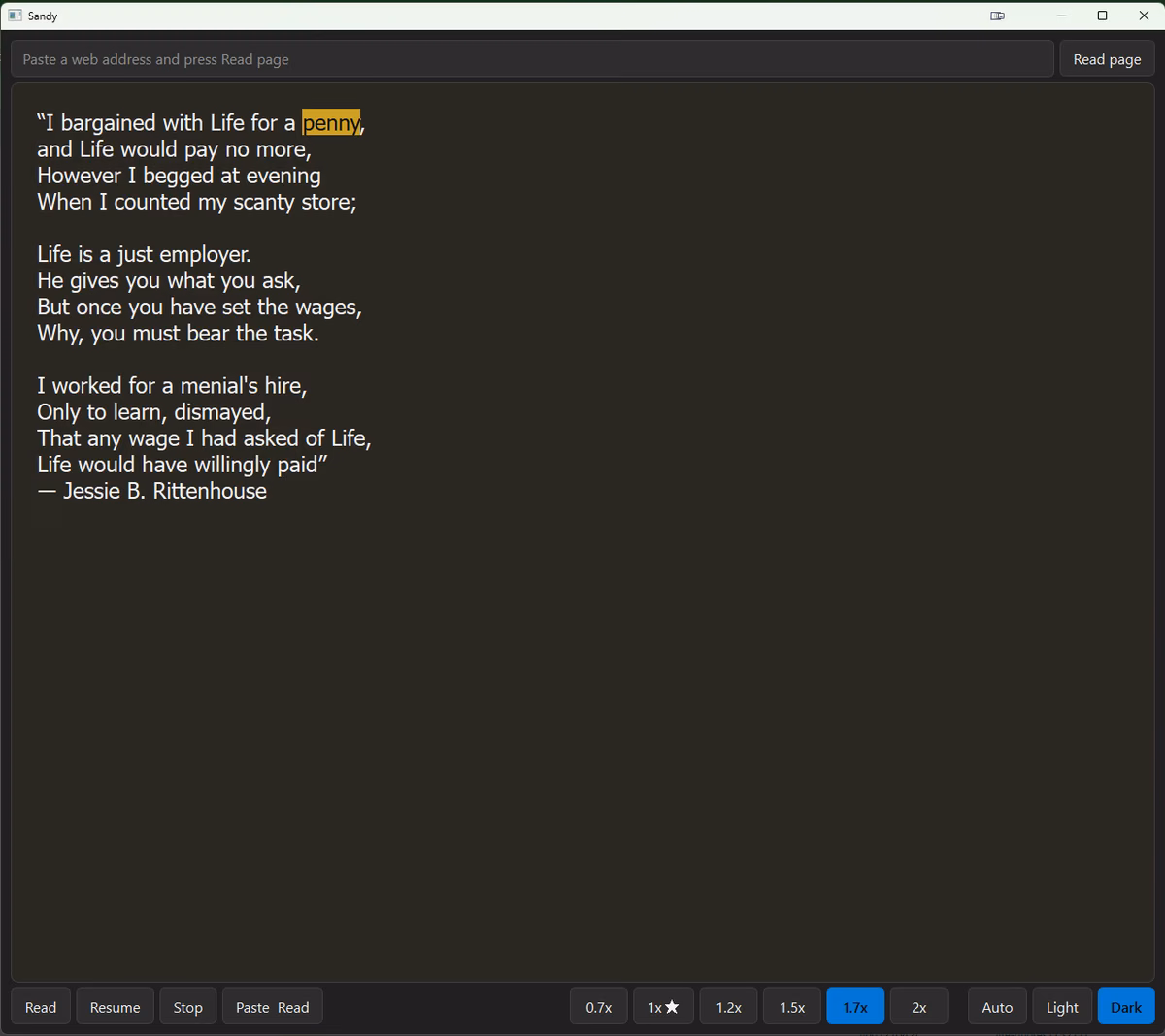 Sandy read-aloud app showing a dark Windows 11 reading surface with a highlighted word