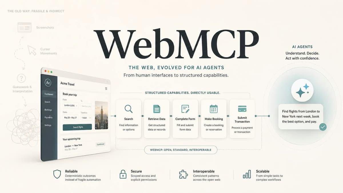 WebMCP diagram showing structured website capabilities exposed directly to AI agents