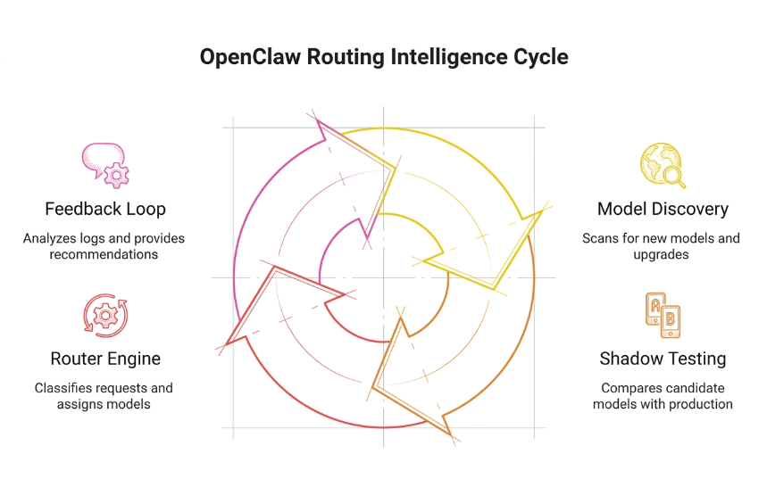 OpenClaw Routing Intelligence Cycle showing the four components — Router Engine, Shadow Testing, Feedback Loop, and Model Discovery — arranged in a circular flow diagram